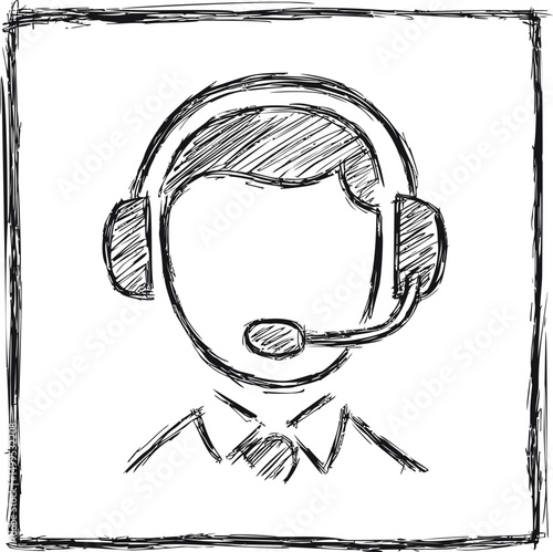 Sketch of a faceless customer support agent with headphones in black and white. Vector illustration