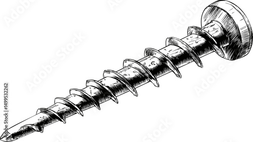 Detailed black and white illustration of a metal screw with sharp threads. Vector illustration