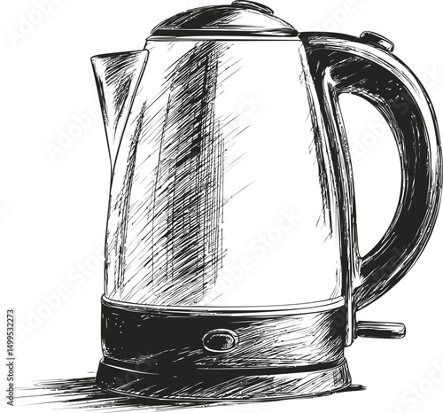 Illustrated black and white sketch of electric kettle with detailed shading. Vector illustration