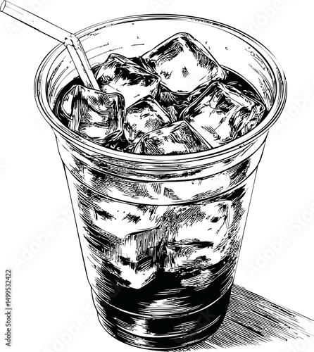 Detailed black and white illustration of a cold drink with ice cubes and a straw. Vector illustration