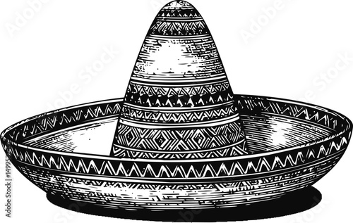 Black and white illustration of a traditional Mexican sombrero hat. Vector illustration