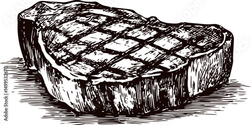 Grilled steak illustration with crosshatch pattern in black and white sketch. Vector illustration