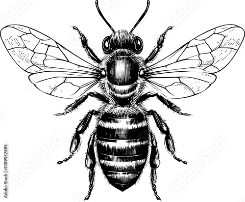 Detailed black and white illustration of a bee with intricate wing patterns. Vector illustration