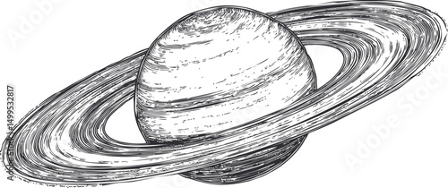Saturn with detailed rings in black and white sketch illustration. Vector illustration