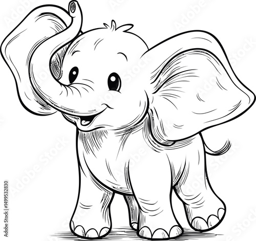 Adorable baby elephant sketch with big ears and a happy expression, cartoon style. Vector illustration