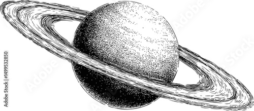 Black and white illustration of saturn with detailed rings in retro style. Vector illustration