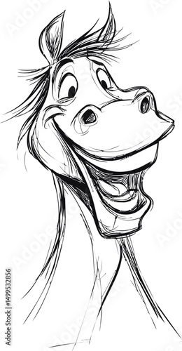 Cheerful cartoon horse sketch in black and white with a joyful expression. Vector illustration