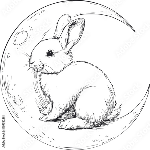 Sketch of a fluffy rabbit sitting on a crescent moon. Vector illustration