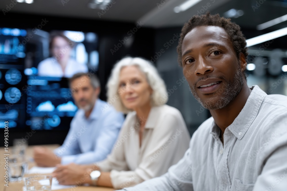 Three professionals participate in a business meeting, focusing on a virtual discussion displayed on a screen, reflecting strategic thinking and collaboration among peers. Three professionals participate in a business meeting, focusing on a virtual discussion displayed on a screen, reflecting strategic thinking and collaboration among peers.