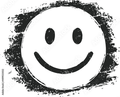 Grunge style black and white smiley face with a textured border. Vector illustration