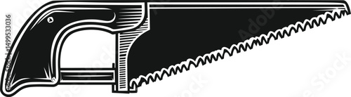 Black and white illustration of a hand saw with wooden handle. Vector illustration