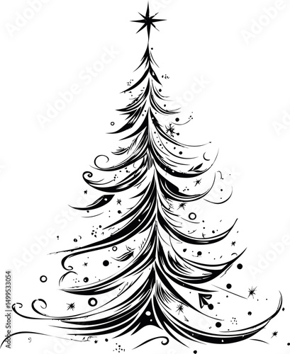 Artistic black and white abstract Christmas tree illustration with swirling patterns. Vector illustration