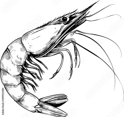 Detailed black and white illustration of a shrimp with intricate linework. Vector illustration