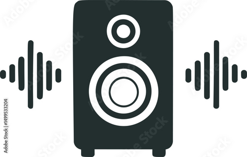 Black speaker icon with sound waves depicting audio volume concept. Vector illustration
