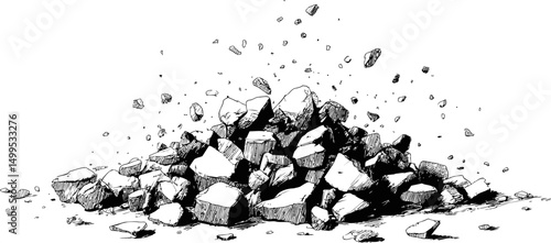 A pile of scattered rocks in black and white sketch style, dynamic illustration. Vector illustration
