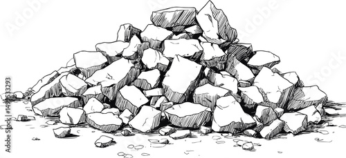 Pile of rough stones in a black and white sketch illustration. Vector illustration