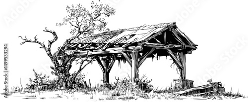 Dilapidated wooden shelter with gnarled tree and grass in black and white drawing. Vector illustration