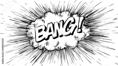 Comic style explosion with 'bang' text in dynamic black and white burst. Vector illustration