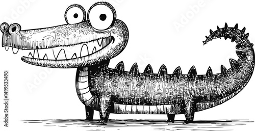 Black and white cartoon crocodile illustration with humorous expression. Vector illustration