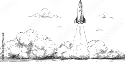 Vintage rocket launching amidst clouds in a monochrome illustration. Vector illustration