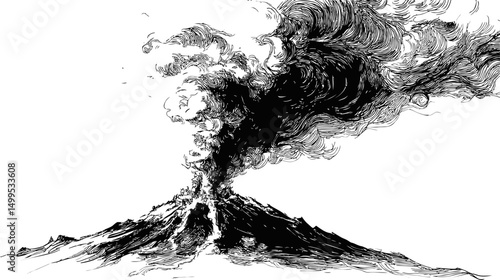 Erupting volcano with swirling dark smoke sketched in black and white art. Vector illustration