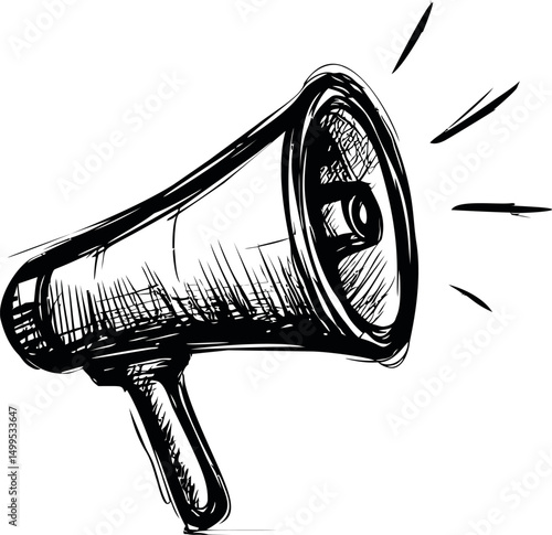 Hand-drawn black and white megaphone illustration emitting sound lines. Vector illustration