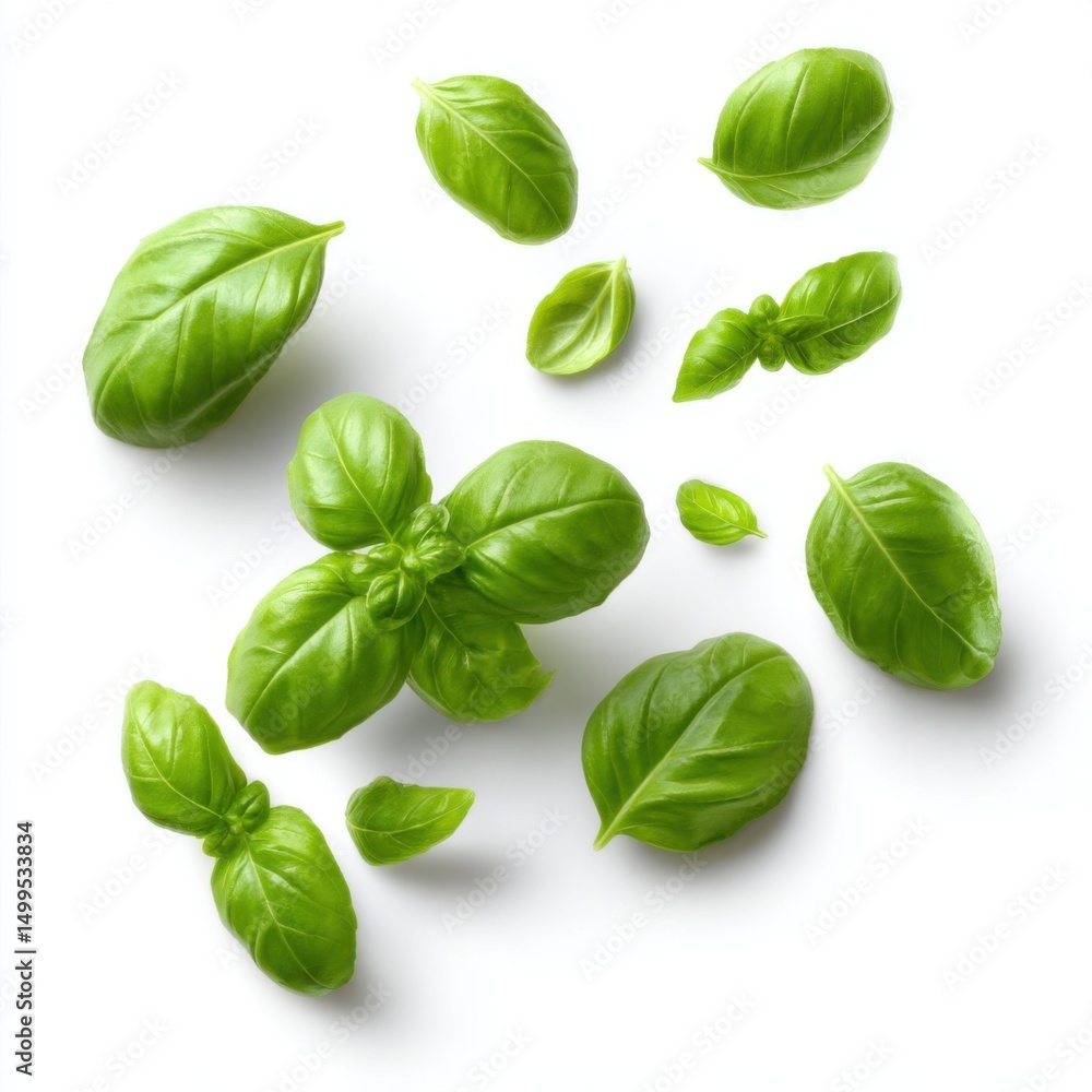 Fresh basil leaves scattered on white background top down studio shot culinary herb ingredient aroma Fresh basil leaves scattered on white background top down studio shot culinary herb ingredient aroma