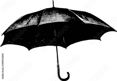 Vintage black ink sketch of an open umbrella with curved handle, classic art style. Vector illustration