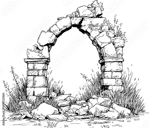 Ruined stone arch with overgrown plants in black and white illustration. Vector illustration
