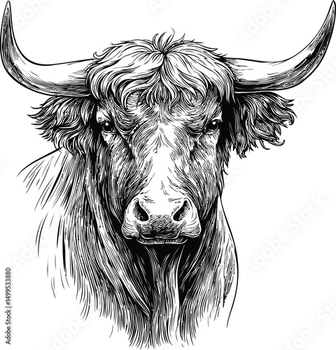 Detailed black and white sketch of a highland cow with large horns, illustration. Vector illustration