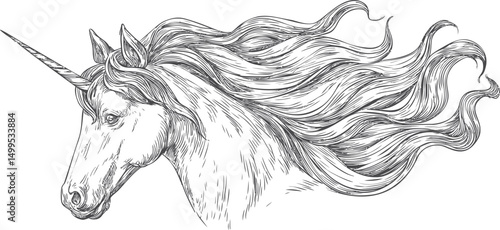 Detailed line art illustration of a majestic unicorn with flowing mane. Vector illustration