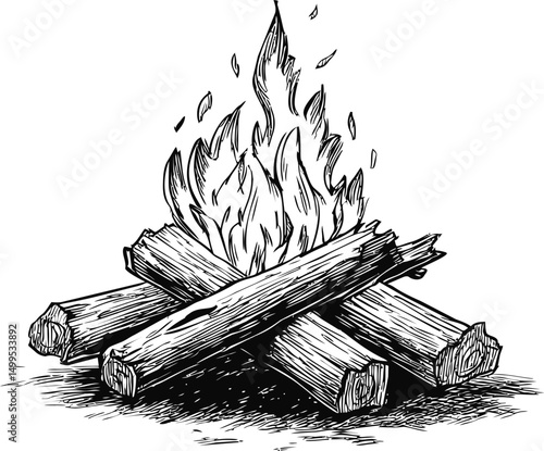 Detailed black and white illustration of a burning campfire. Vector illustration