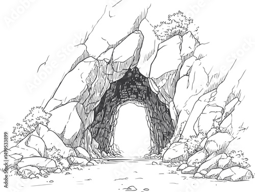 Line art of rocky cave entrance surrounded by boulders and foliage. Vector illustration