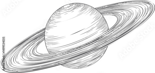 Black and white sketch of saturn with detailed rings, space illustration concept. Vector illustration
