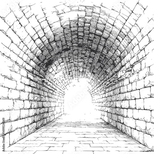 Architectural sketch of ancient stone tunnel in black and white, concept of history. Vector illustration