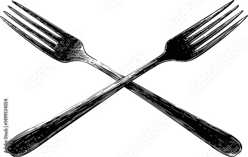 Crossed vintage forks in black and white engraving style illustration. Vector illustration
