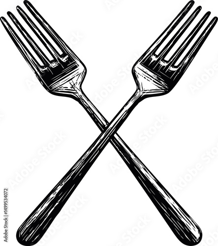 Crossed black and white forks in vintage illustration style. Vector illustration