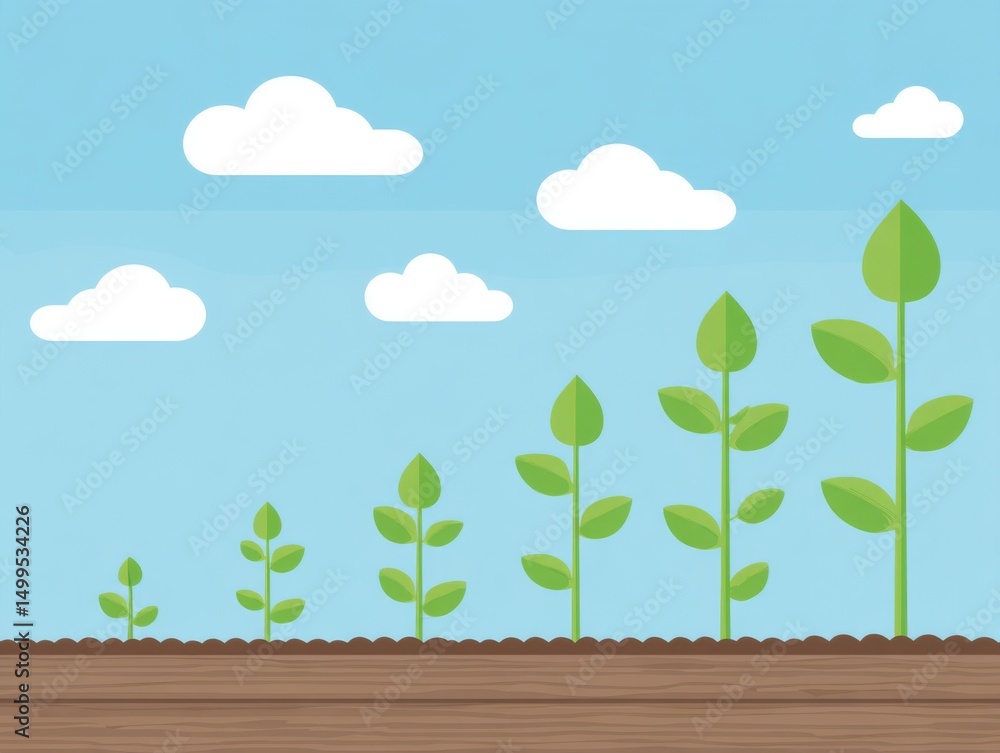 Fototapeta premium Seedlings Growing in Soil Illustration Showing Growth Stages Against Blue Sky and Clouds Flat Lay