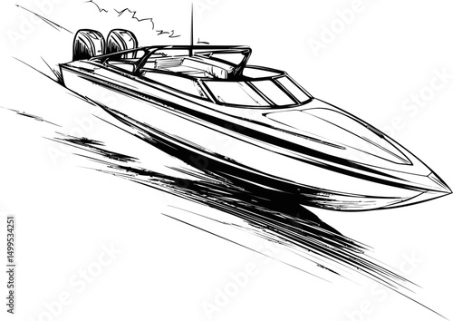 Sleek speedboat sketch in motion with dual motors. Vector illustration