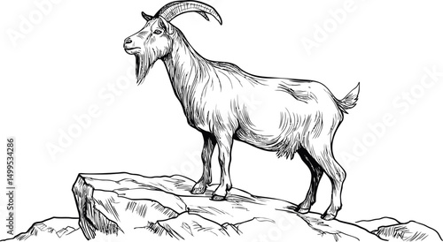 Line drawing of a goat standing on a rock with detailed features. Vector illustration