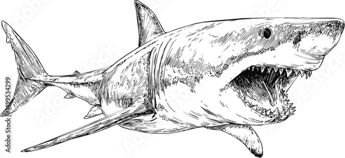 Detailed black and white illustration of a great white shark with open jaws. Vector illustration