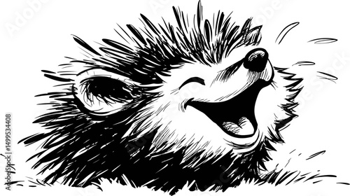 Black and white illustration of a laughing hedgehog, joyful expression. Vector illustration