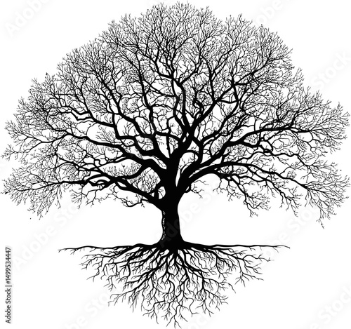 Silhouette of a tree with bare branches and roots against. Vector illustration