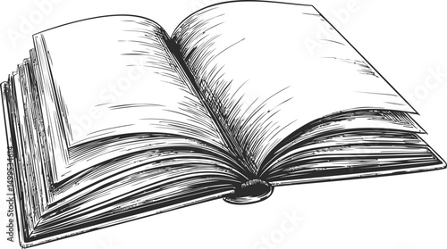 Open sketchbook with detailed black and white line art illustration. Vector illustration