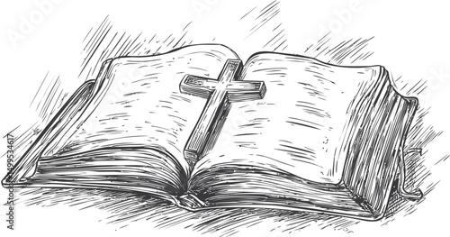Open sketched bible with a cross lying on the pages, black and white illustration. Vector illustration