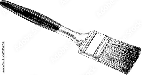 Black and white illustration of a paintbrush with detailed bristles and handle. Vector illustration
