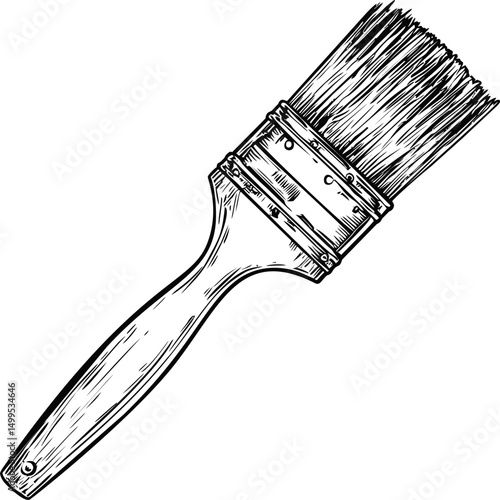 Monochrome illustration of a detailed paintbrush with fine bristles. Vector illustration