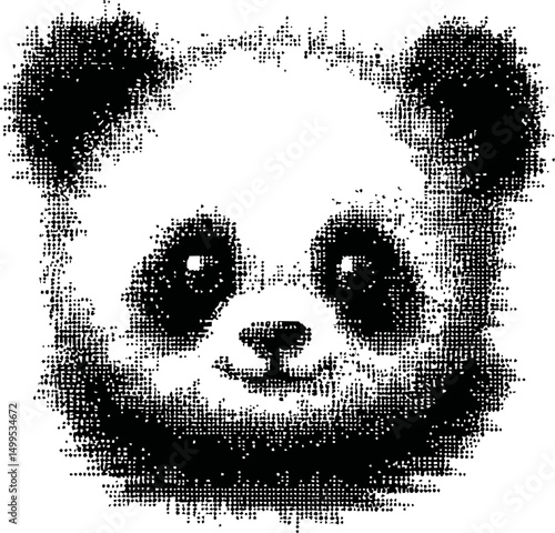 Halftone black and white illustration of a cute panda face with a friendly expression. Vector illustration
