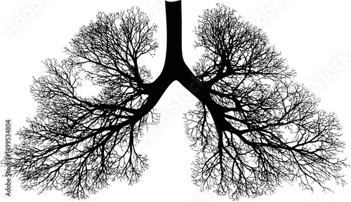 Silhouette of lungs resembling tree branches in black and white, conceptual art. Vector illustration