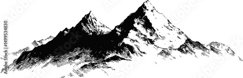 Detailed black and white sketch of mountain peaks with sharp lines. Vector illustration